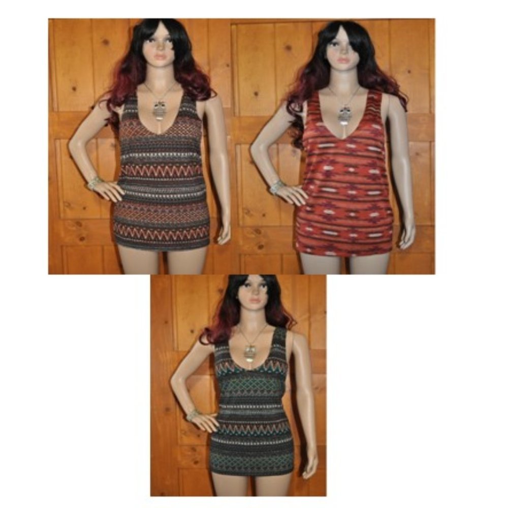 Good offer 3 tops Women's Casual Geometric design multi colored V Neck tank top